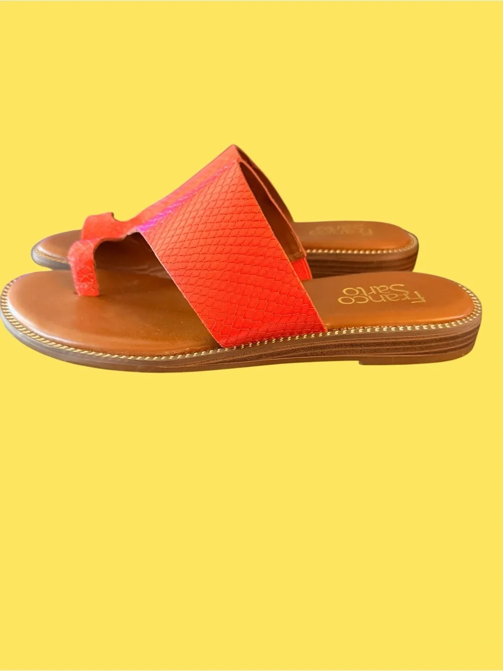 Franco Sarto Orange Watermelon Snake Embossed Toe Ring Slide Sandals Size 6M